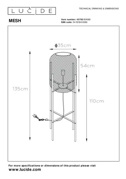 Lucide MESH - Lámpara de suelo - Ø 35 cm - 1xE27 - Oro mate / Latón - técnico